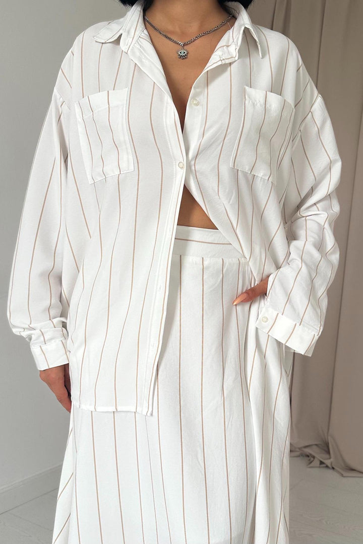 ELS Striped Shirt and Skirt Set - Brown - Plauen