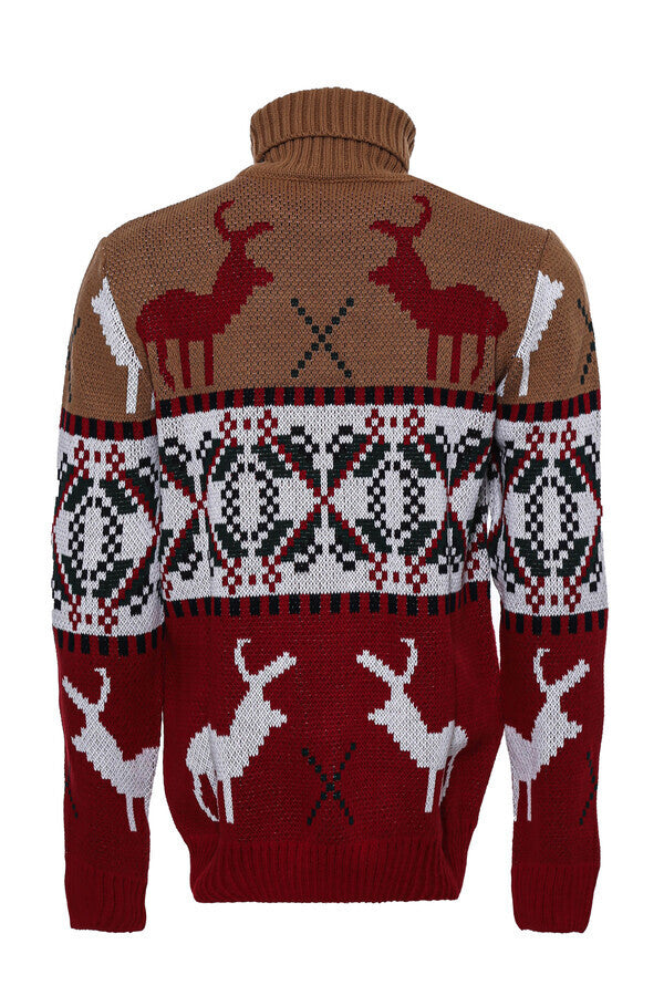 WSS Deer Patterned Christmas Themed Turtleneck Red Beige Men Sweater  - Valence