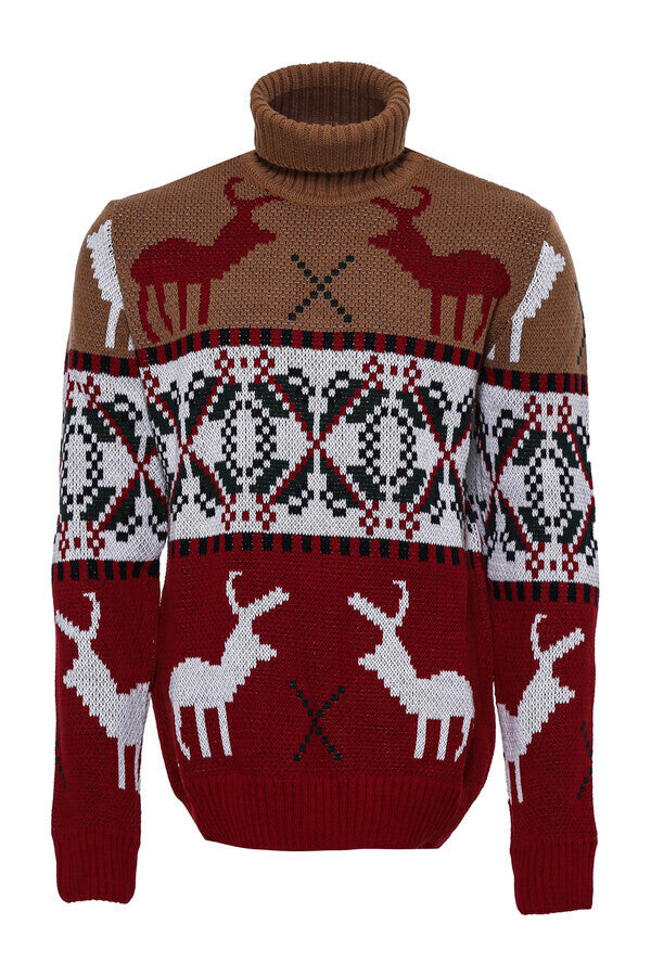 WSS Deer Patterned Christmas Themed Turtleneck Red Beige Men Sweater  - Valence