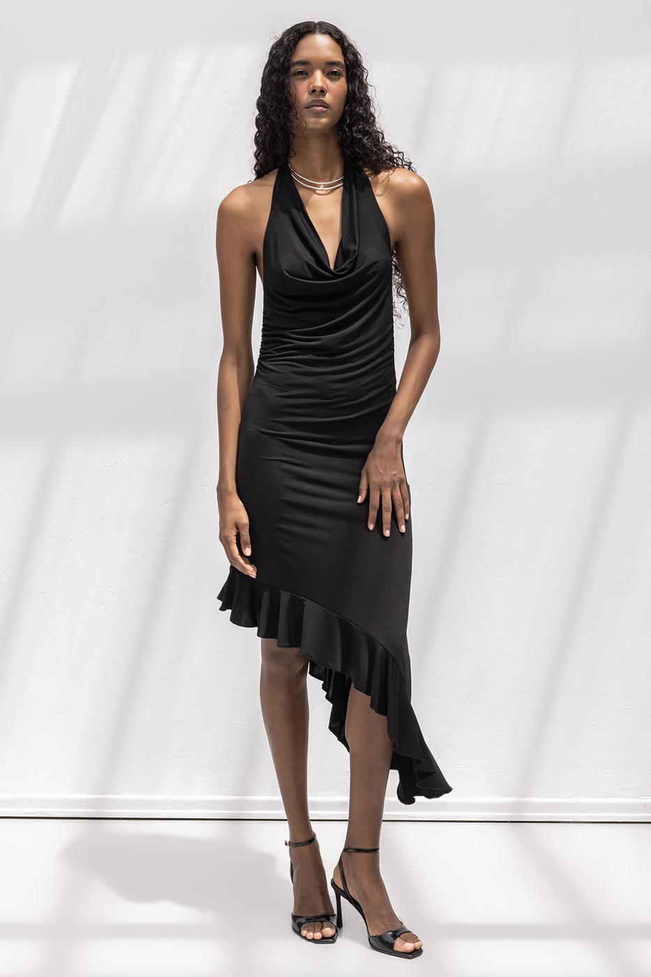 BSL Women Cowl Neck Asymmetrical Skirt Detailed Midi Dress - Umán