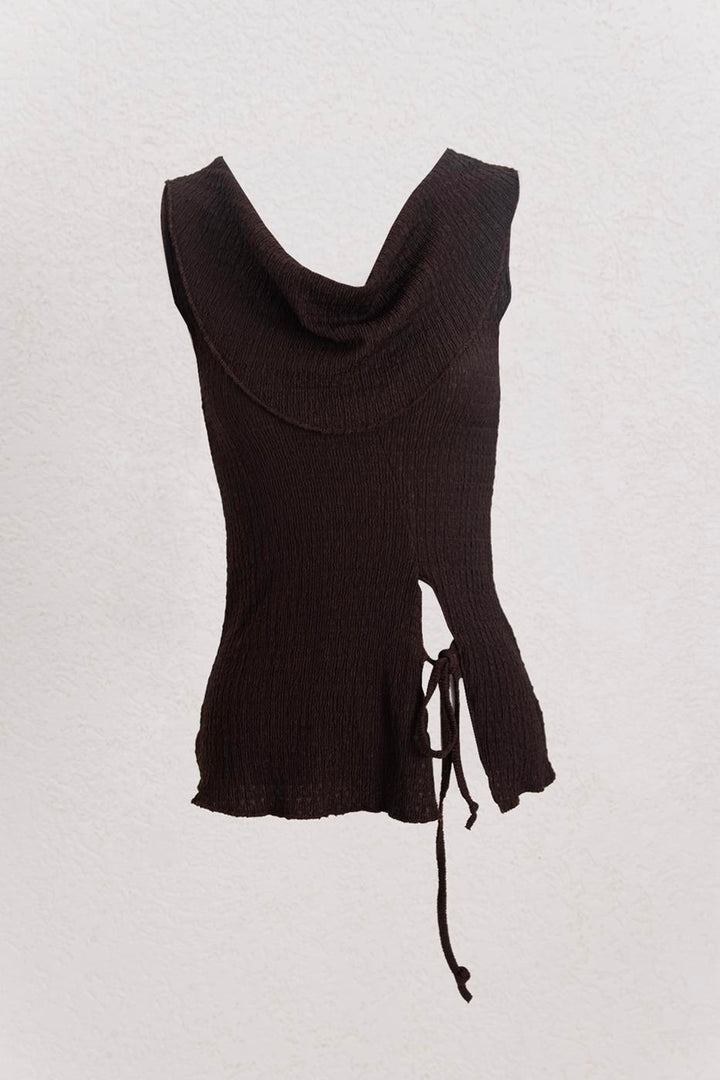 BSL Women Cowl Neck Textured Tie Detailed Blouse - Oyster Bay