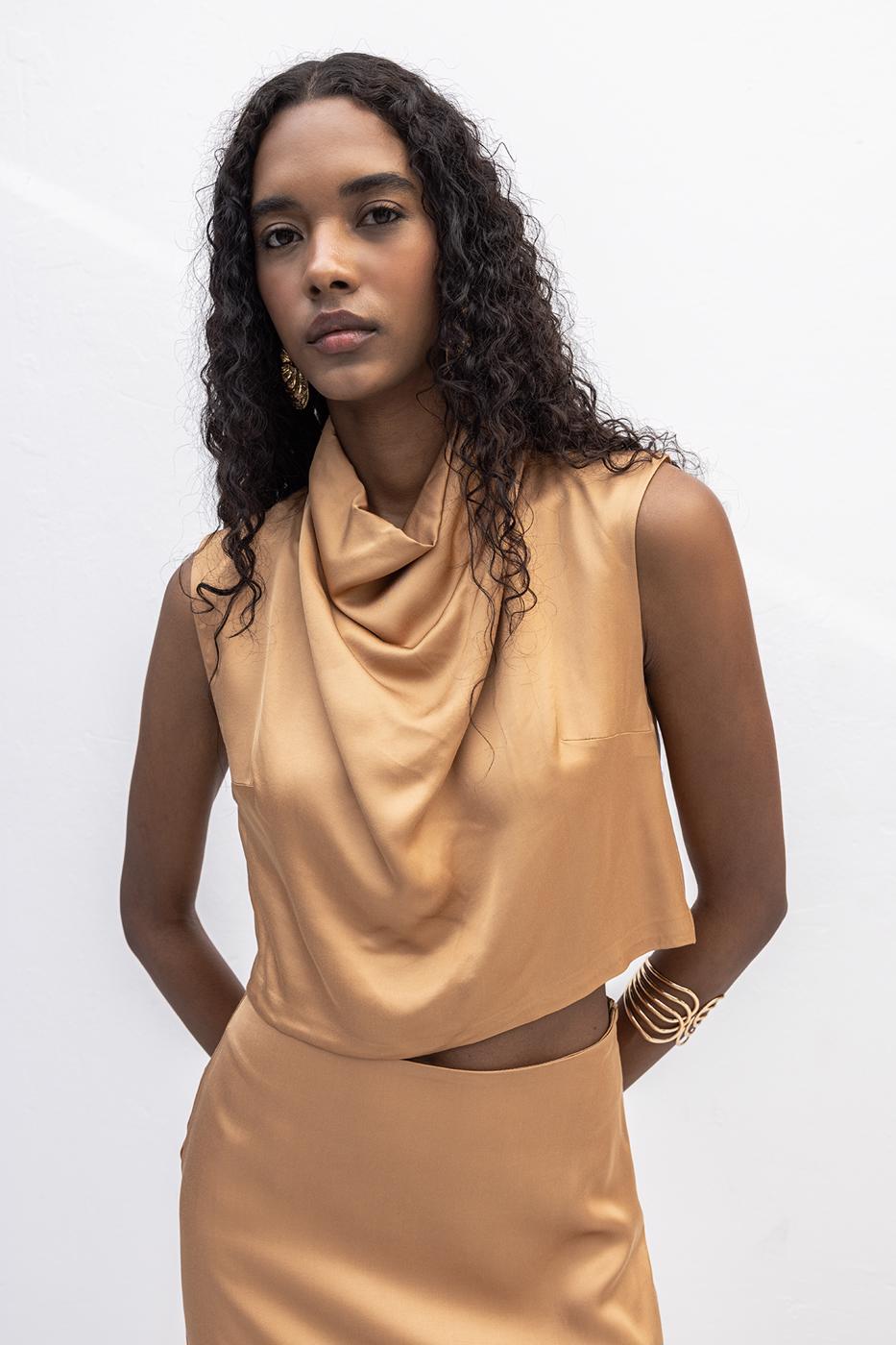 BSL Women Satin Blouse with Plunging Collar - Elmshorn