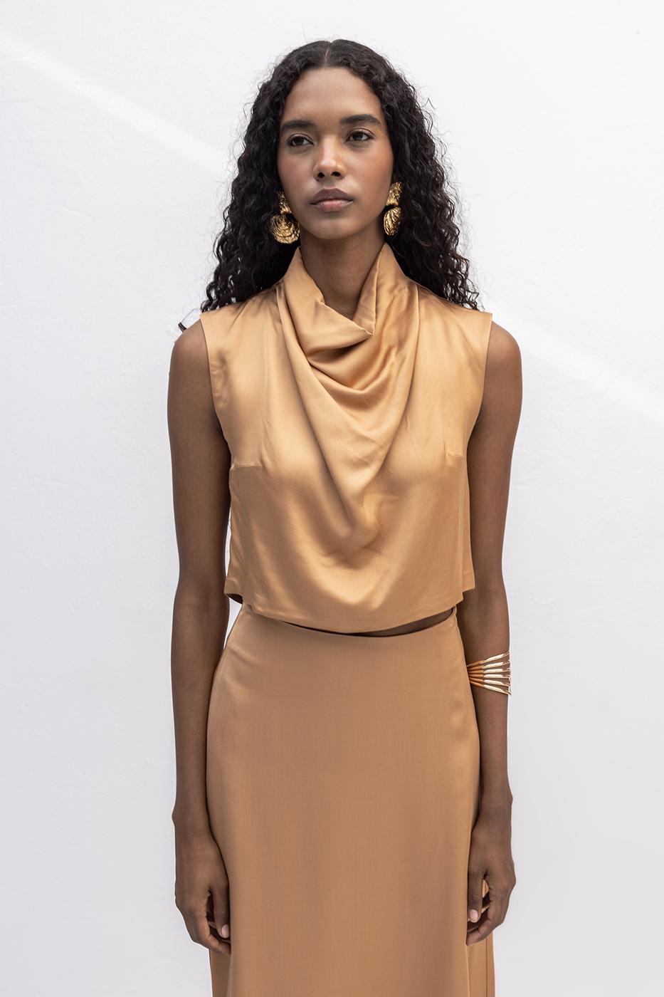 BSL Women Satin Blouse with Plunging Collar - Elmshorn