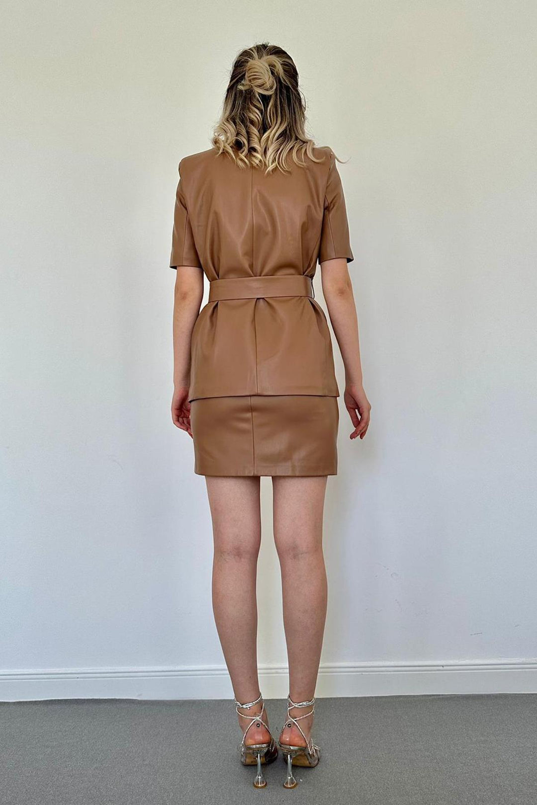 ELS Leather Jacket and Skirt Set - Tan - Loures