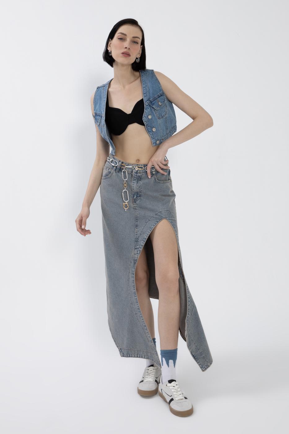 BSL Women Denim Midi Skirt with Deep Asymmetrical Slit - Greer