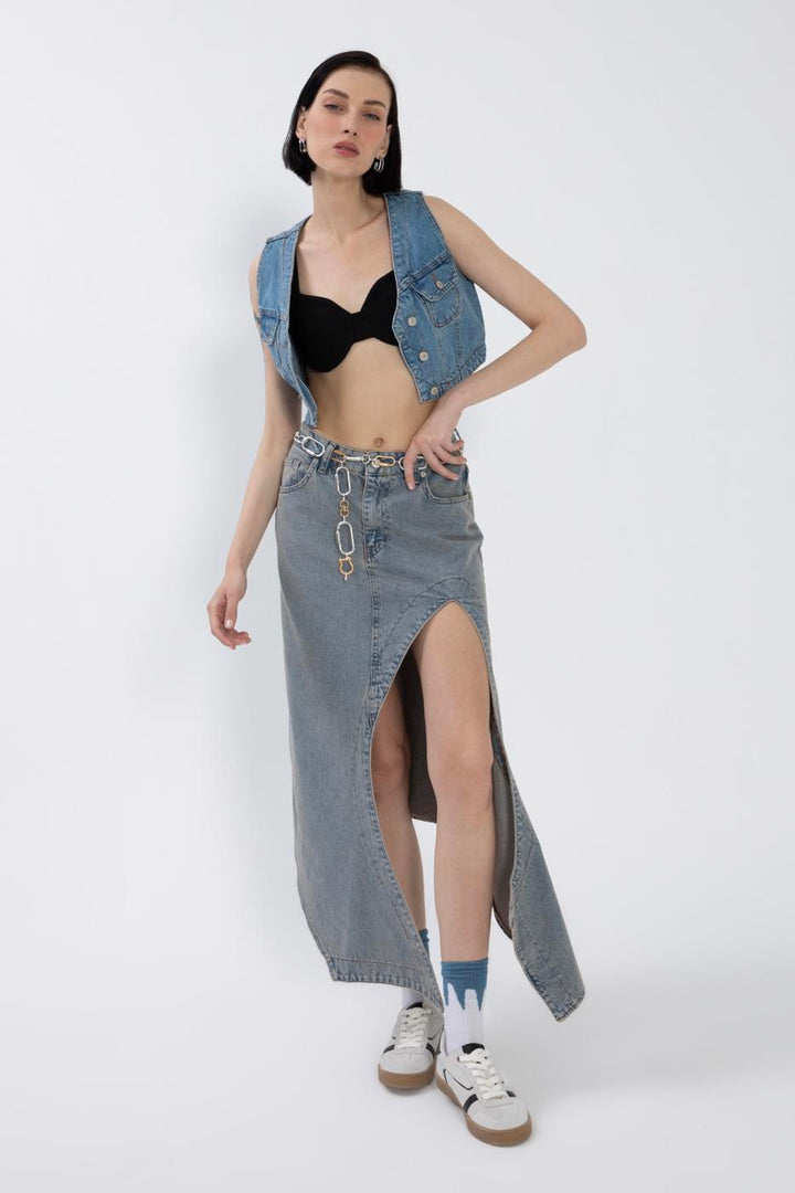 BSL Women Denim Midi Skirt with Deep Asymmetrical Slit - Greer