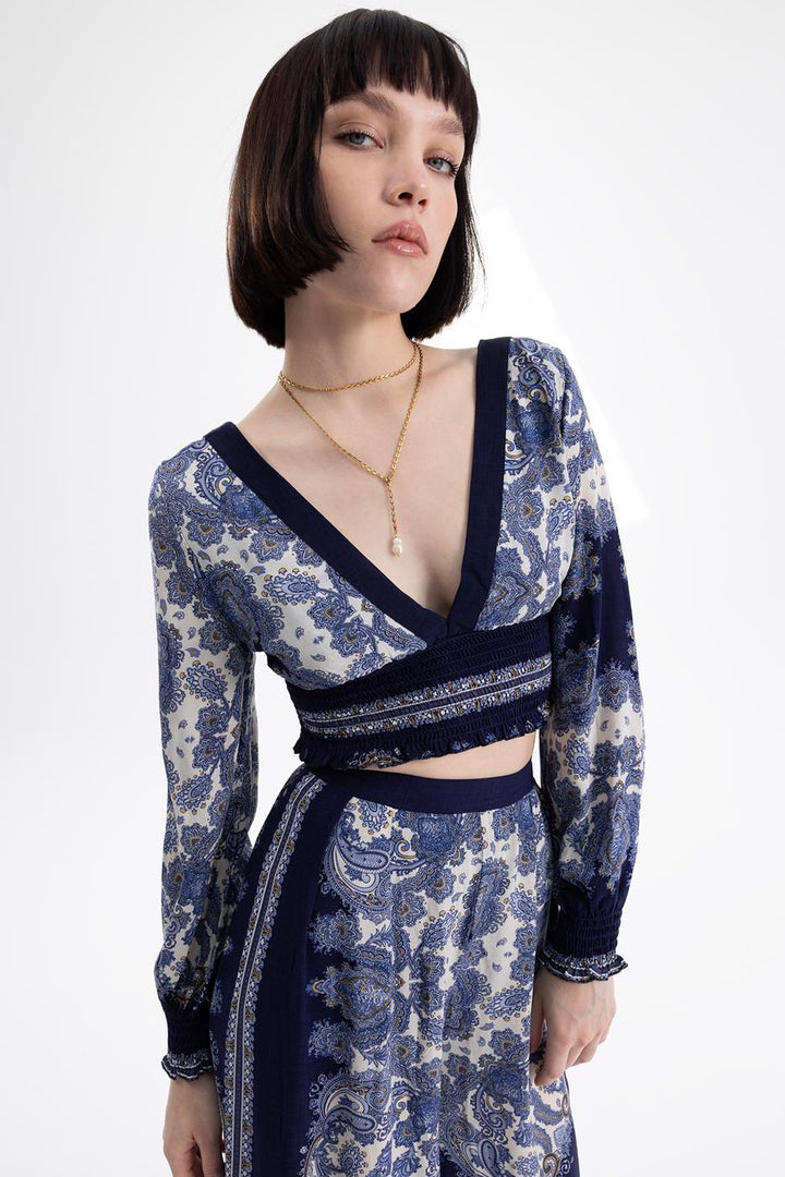 BSL Women Deep V-Neck Detailed Patterned Blouse - Catanzaro