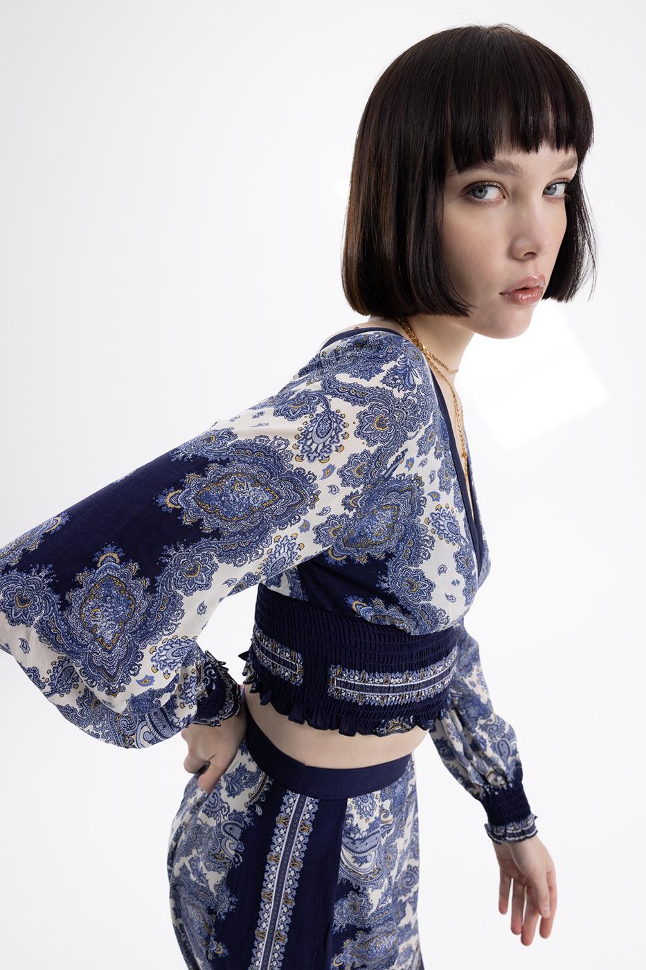 BSL Women Deep V-Neck Detailed Patterned Blouse - Catanzaro