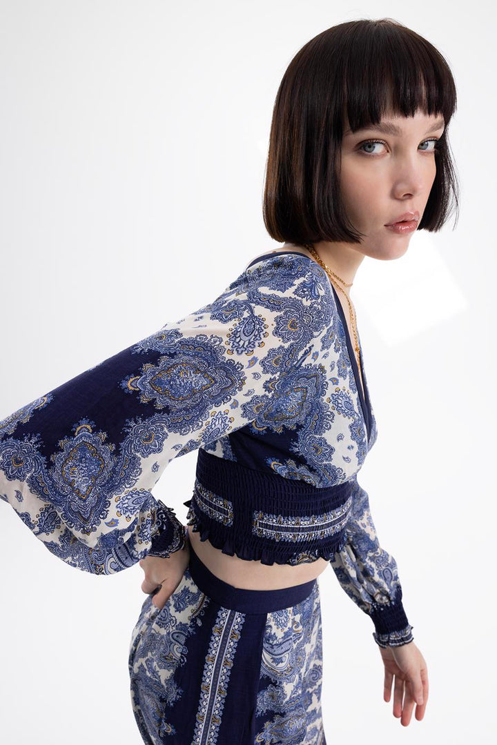 BSL Women Deep V-Neck Detailed Patterned Blouse - Catanzaro