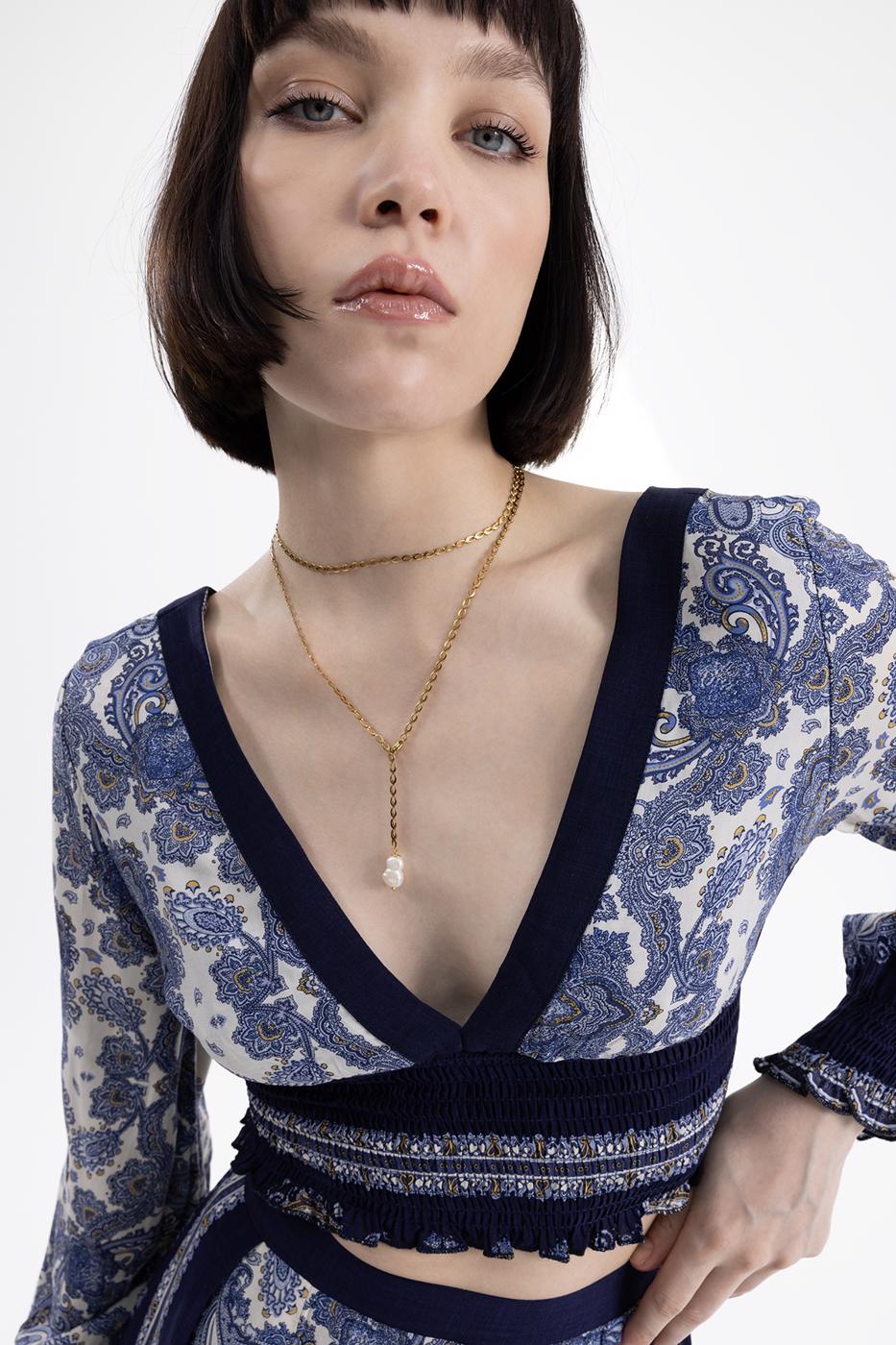 BSL Women Deep V-Neck Detailed Patterned Blouse - Catanzaro