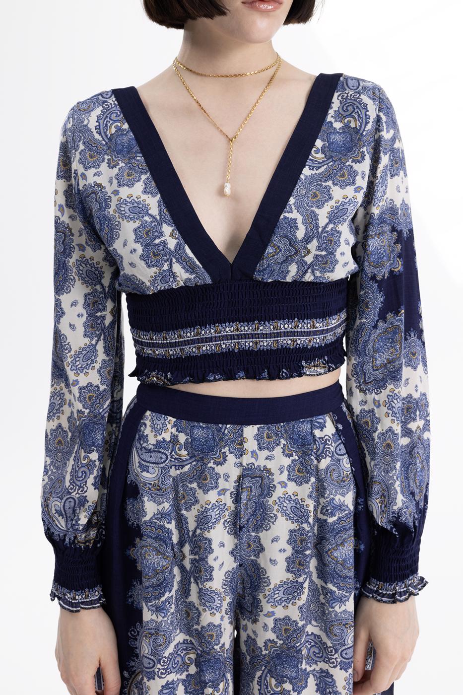 BSL Women Deep V-Neck Detailed Patterned Blouse - Catanzaro