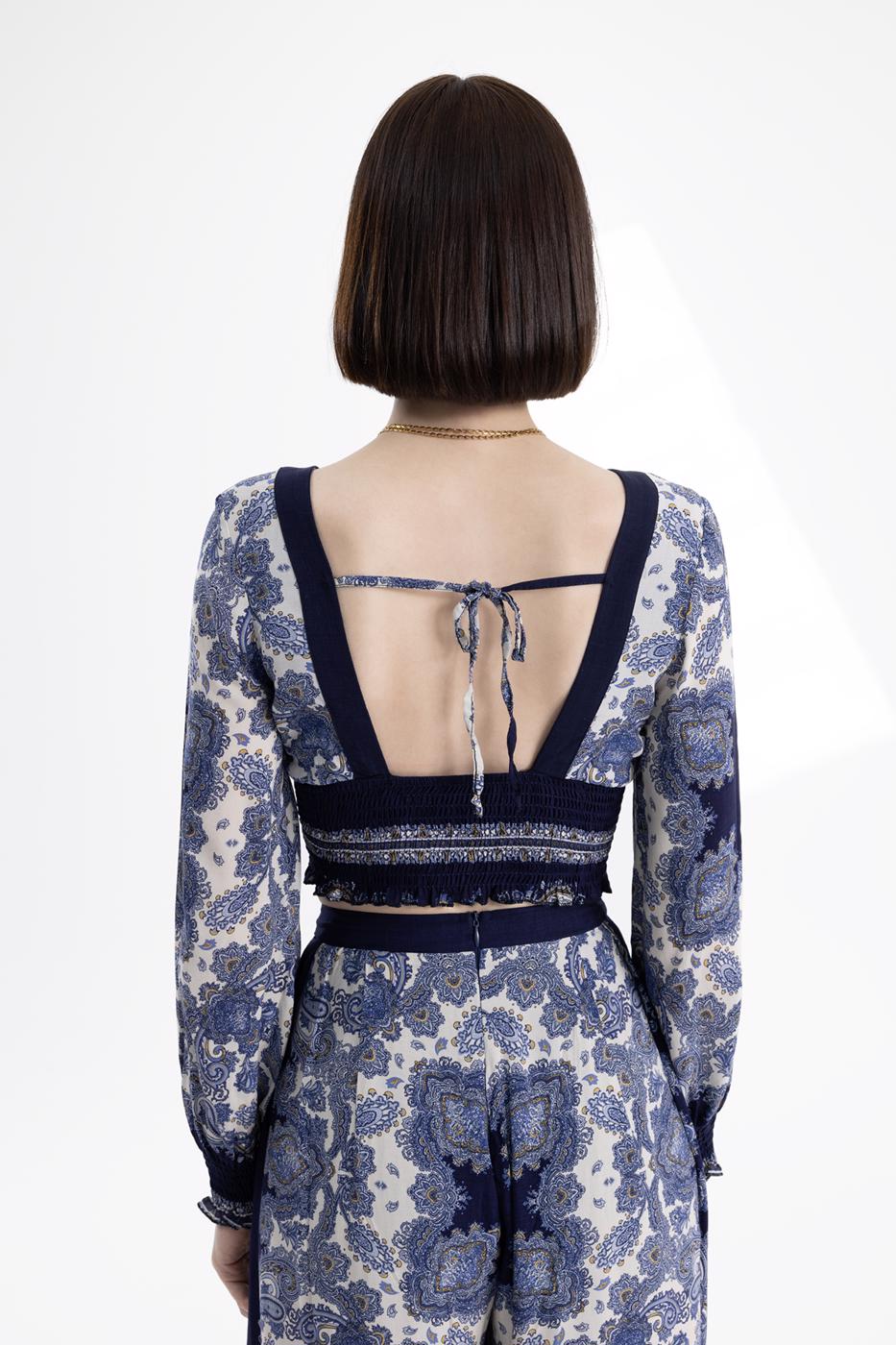 BSL Women Deep V-Neck Detailed Patterned Blouse - Catanzaro