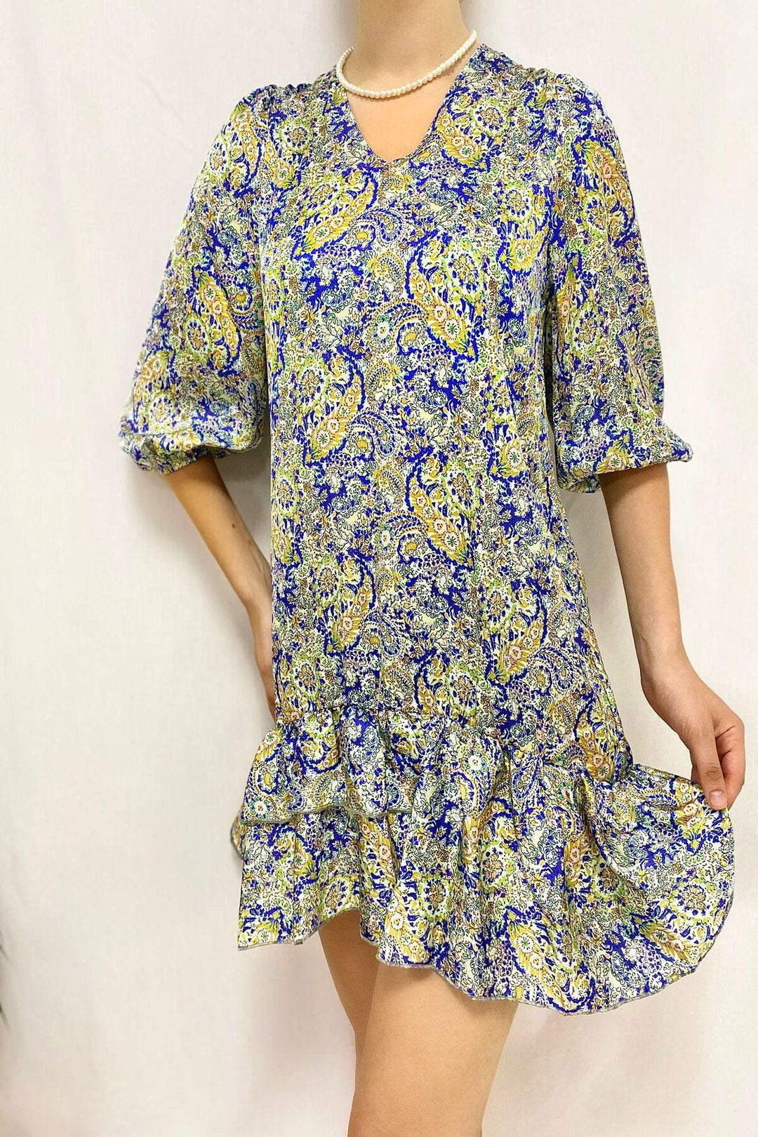 ELS Patterned Satin Dress - Blue - Giugliano in Campania