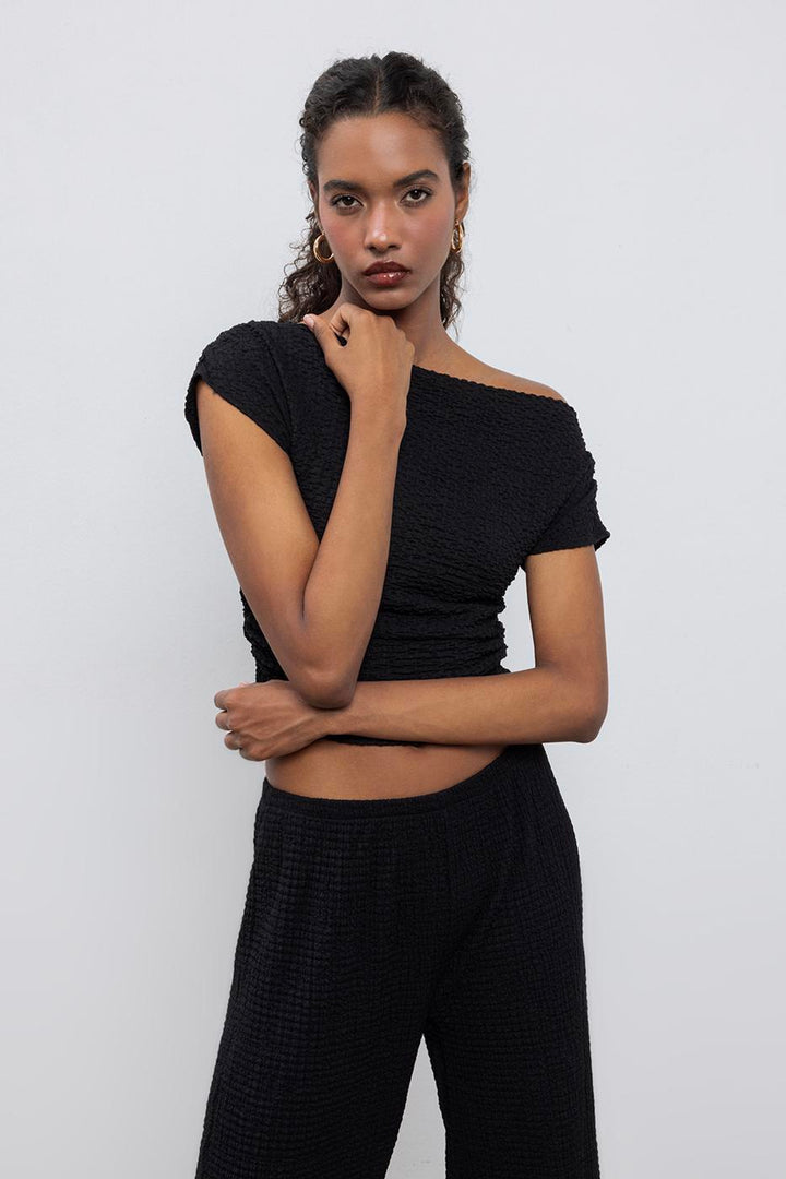 BSL Women Textured Carmen Collar Blouse - Wood Buffalo