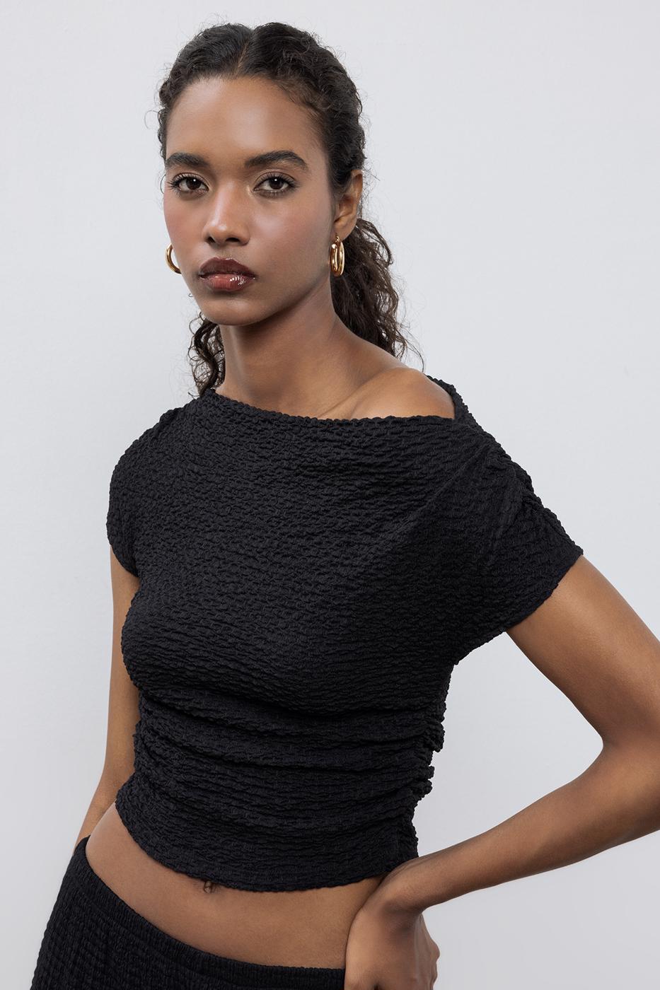 BSL Women Textured Carmen Collar Blouse - Wood Buffalo