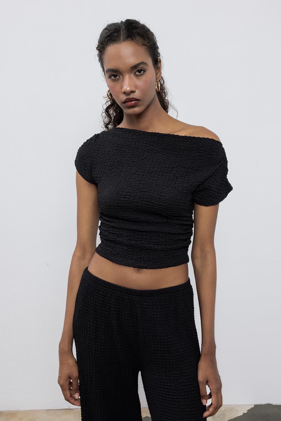 BSL Women Textured Carmen Collar Blouse - Wood Buffalo