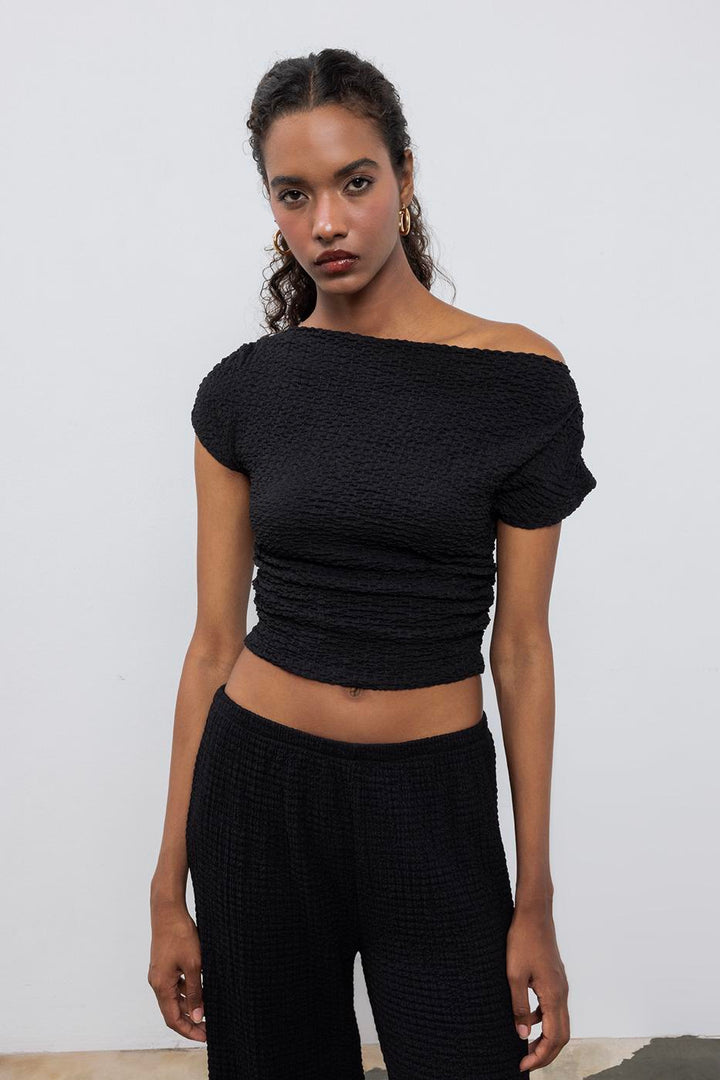 BSL Women Textured Carmen Collar Blouse - Wood Buffalo