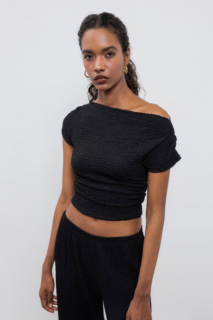 BSL Women Textured Carmen Collar Blouse - Wood Buffalo