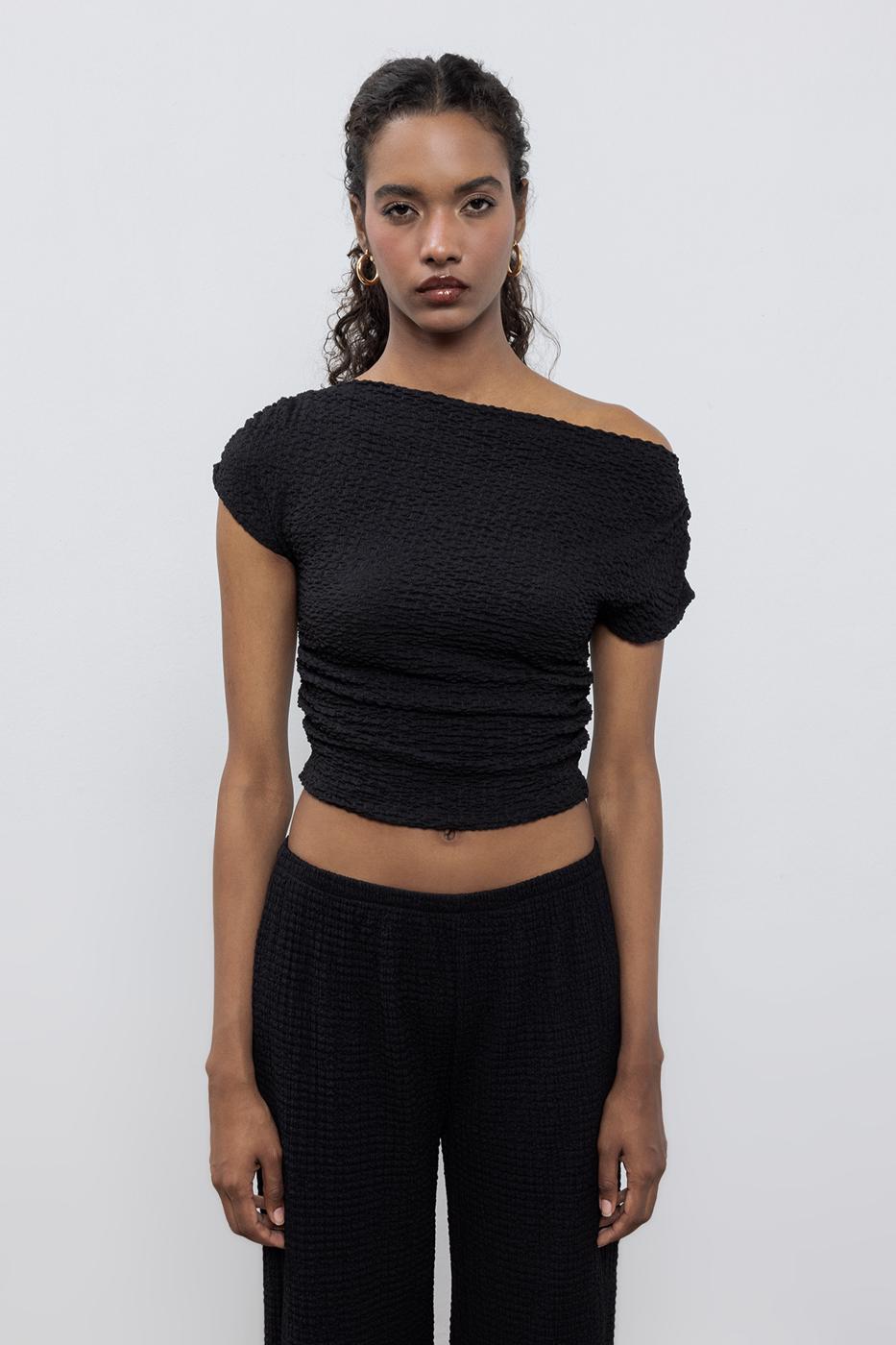 BSL Women Textured Carmen Collar Blouse - Wood Buffalo