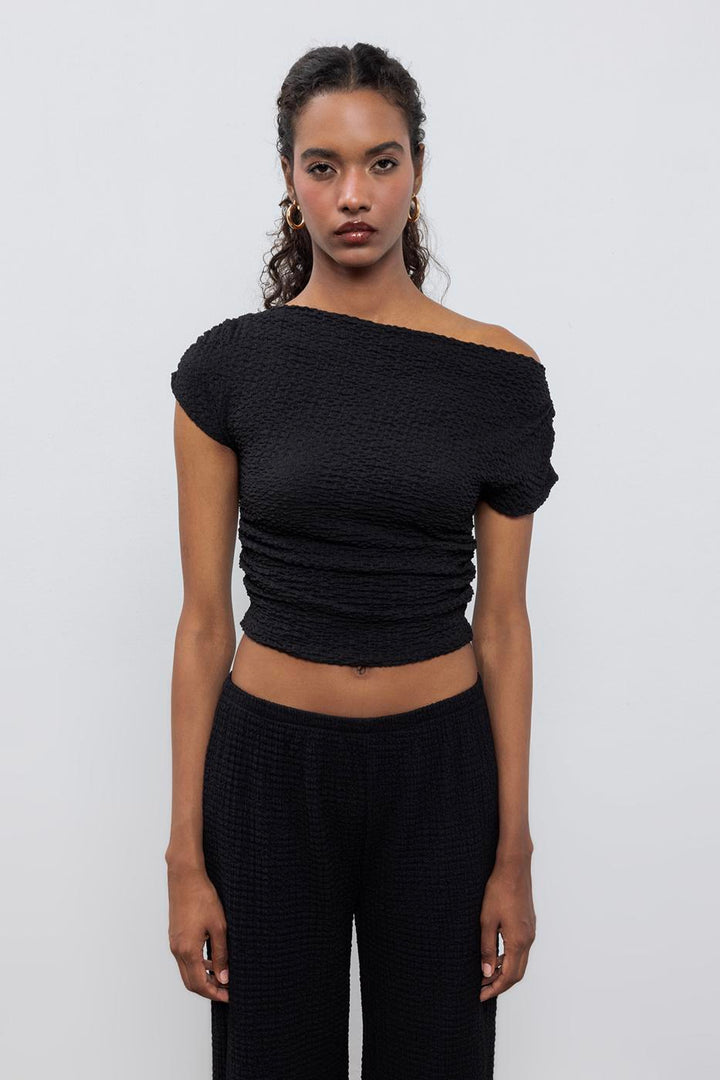 BSL Women Textured Carmen Collar Blouse - Wood Buffalo