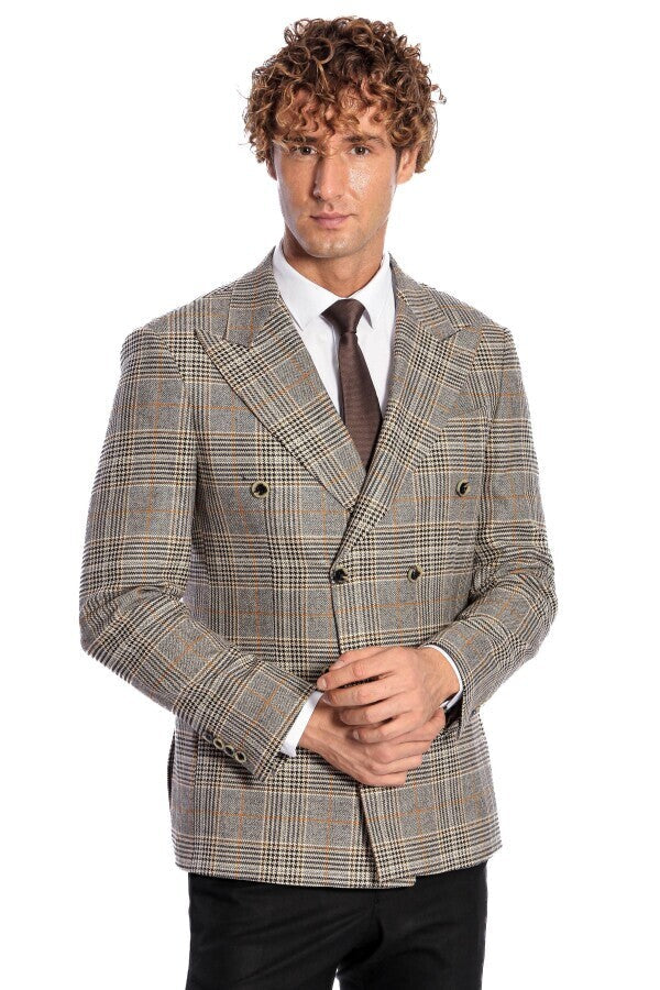 WSS Double Breasted Checked Grey Men Blazer  - Ciudad Real