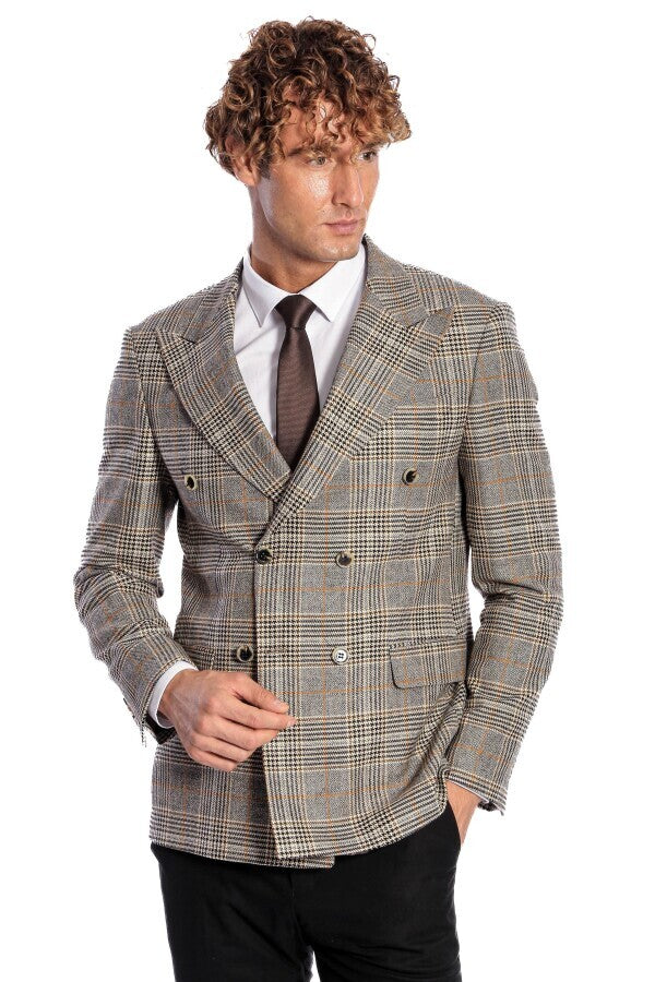 WSS Double Breasted Checked Grey Men Blazer  - Ciudad Real