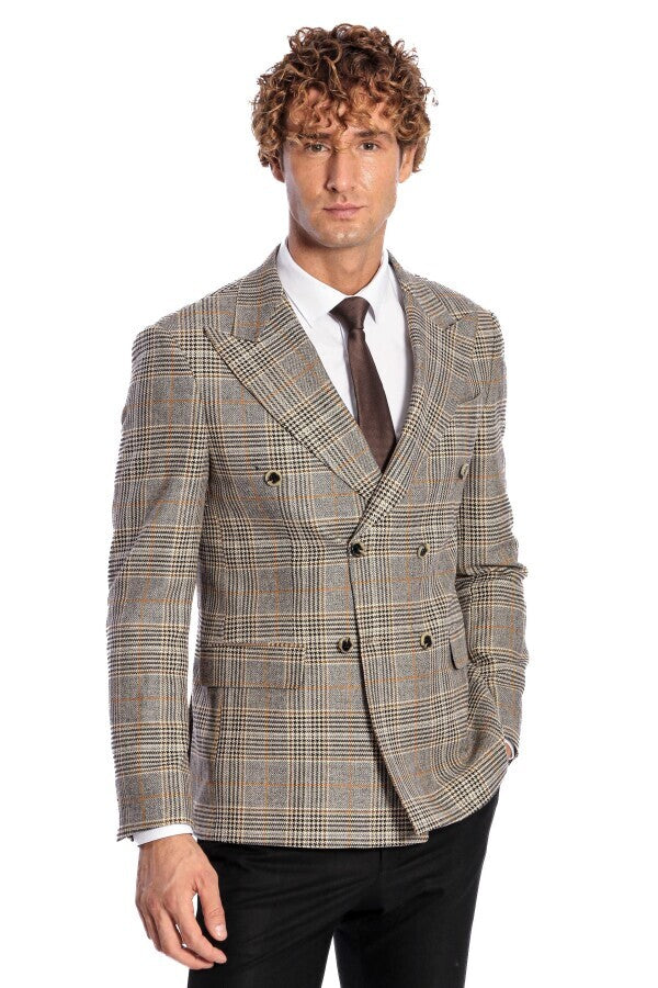 WSS Double Breasted Checked Grey Men Blazer  - Ciudad Real