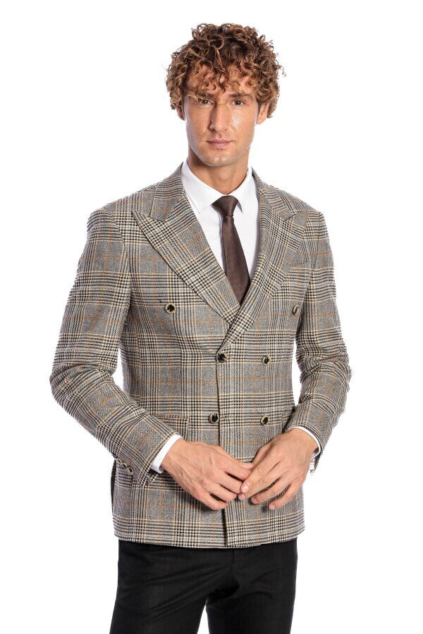 WSS Double Breasted Checked Grey Men Blazer  - Ciudad Real