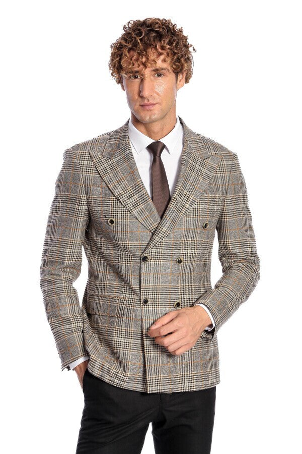 WSS Double Breasted Checked Grey Men Blazer  - Ciudad Real