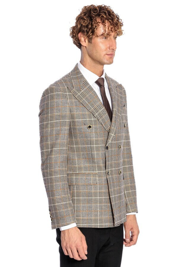 WSS Double Breasted Checked Grey Men Blazer  - Ciudad Real