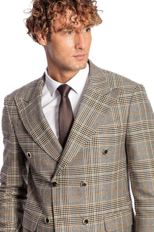 WSS Double Breasted Checked Grey Men Blazer  - Ciudad Real