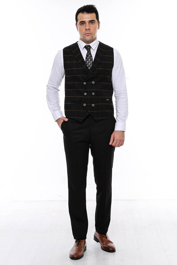 WSS Double Breasted Plaid Black Men Vest  - Catemaco