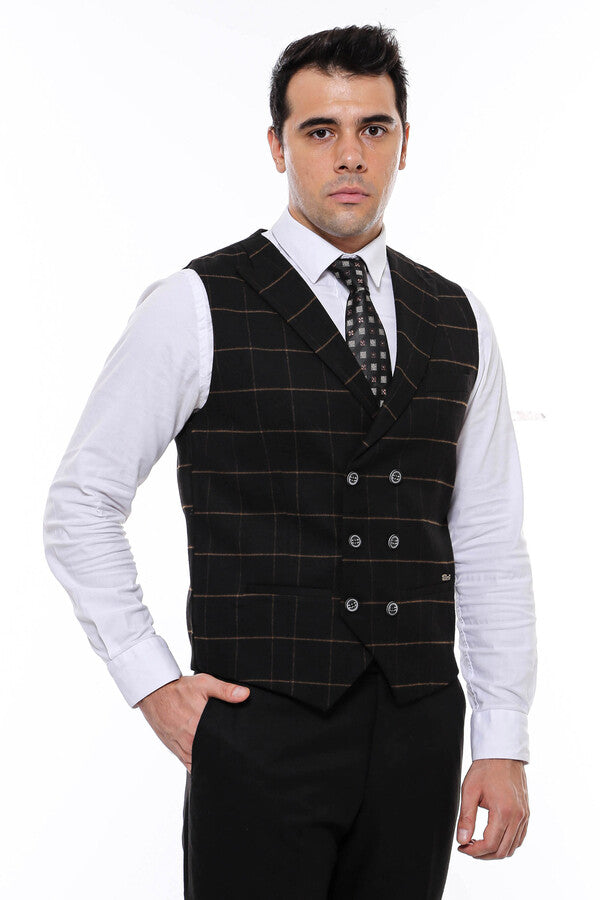 WSS Double Breasted Plaid Black Men Vest  - Catemaco