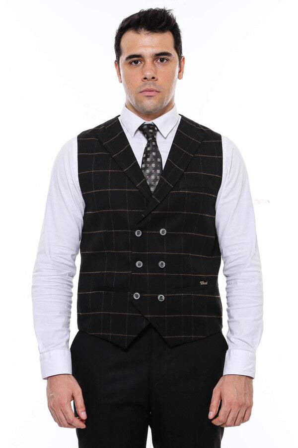 WSS Double Breasted Plaid Black Men Vest  - Catemaco