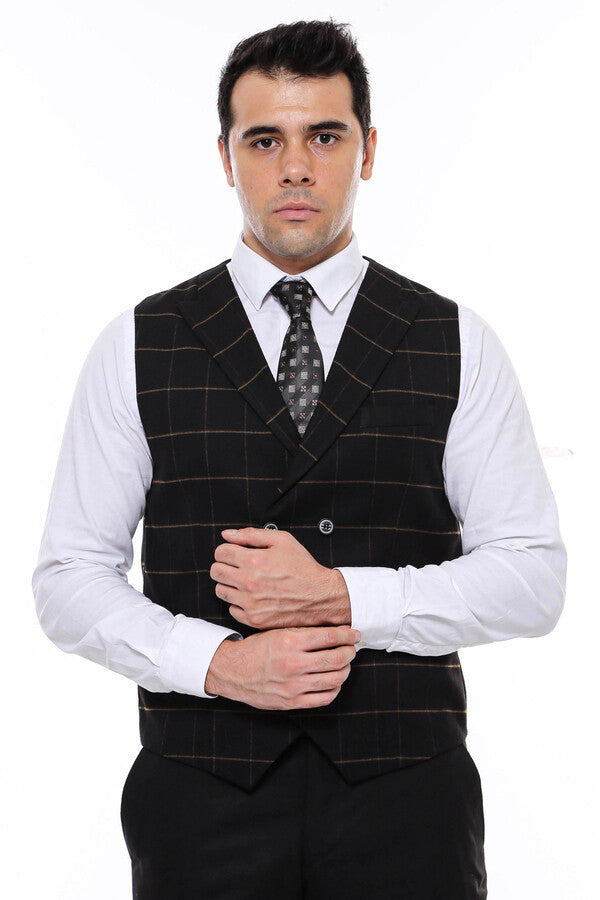 WSS Double Breasted Plaid Black Men Vest  - Catemaco