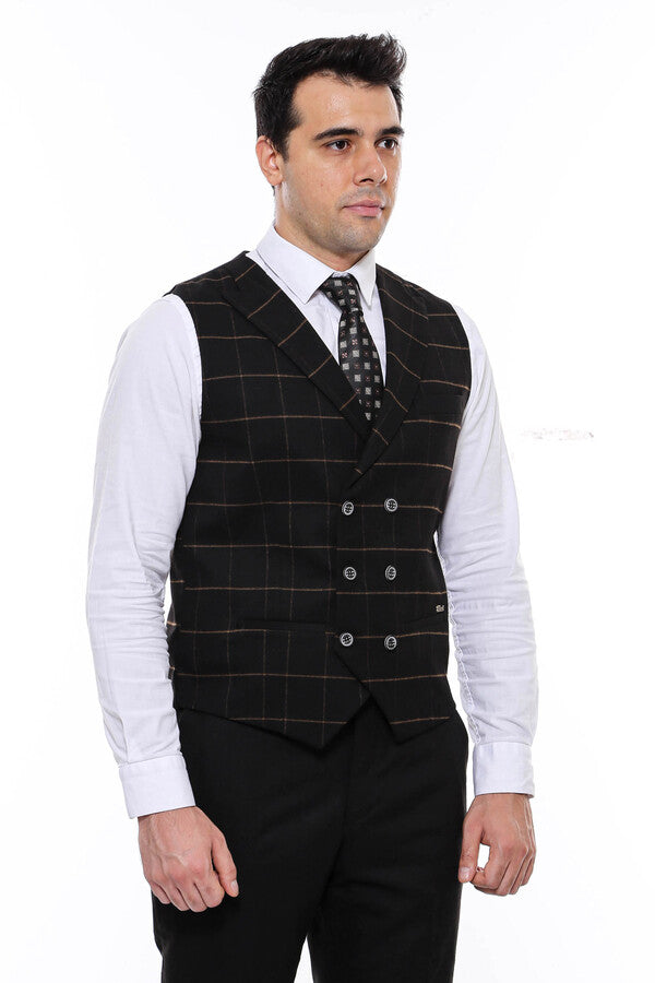 WSS Double Breasted Plaid Black Men Vest  - Catemaco