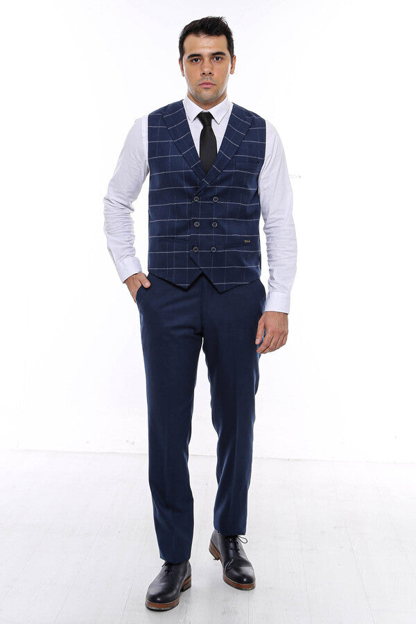 WSS Double Breasted Plaid Blue Men Vest  - Torres Vedras