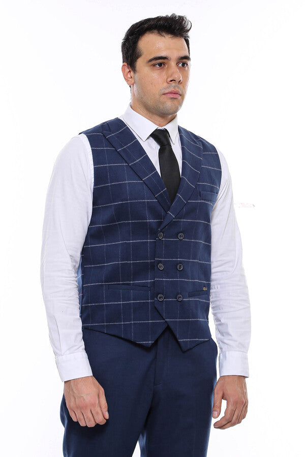 WSS Double Breasted Plaid Blue Men Vest  - Torres Vedras