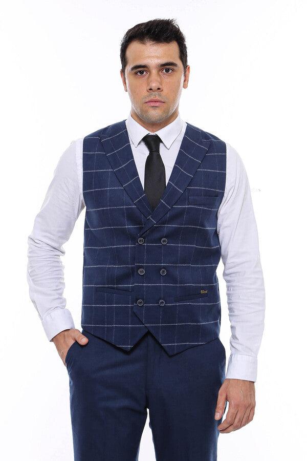 WSS Double Breasted Plaid Blue Men Vest  - Torres Vedras