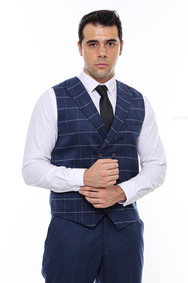 WSS Double Breasted Plaid Blue Men Vest  - Torres Vedras