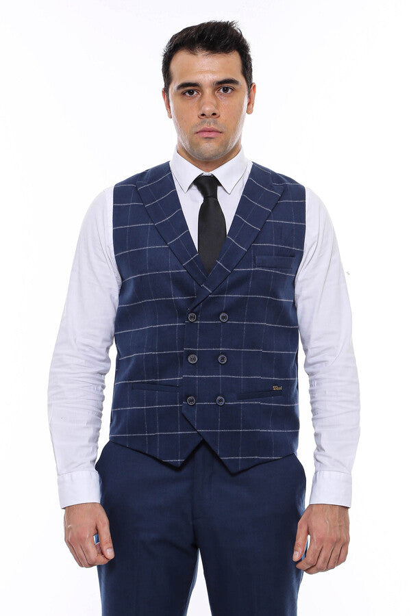 WSS Double Breasted Plaid Blue Men Vest  - Torres Vedras