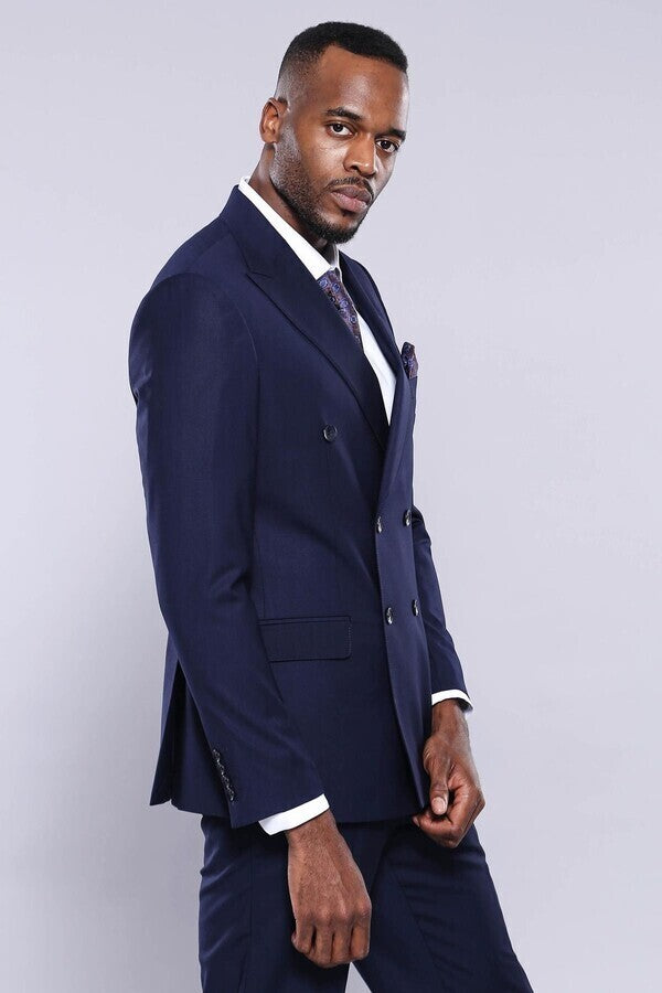 WSS Double Breasted Slim Fit Navy Blue Men Suit  - Salford