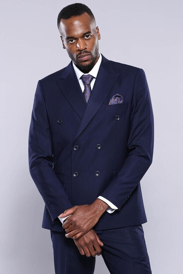 WSS Double Breasted Slim Fit Navy Blue Men Suit  - Salford