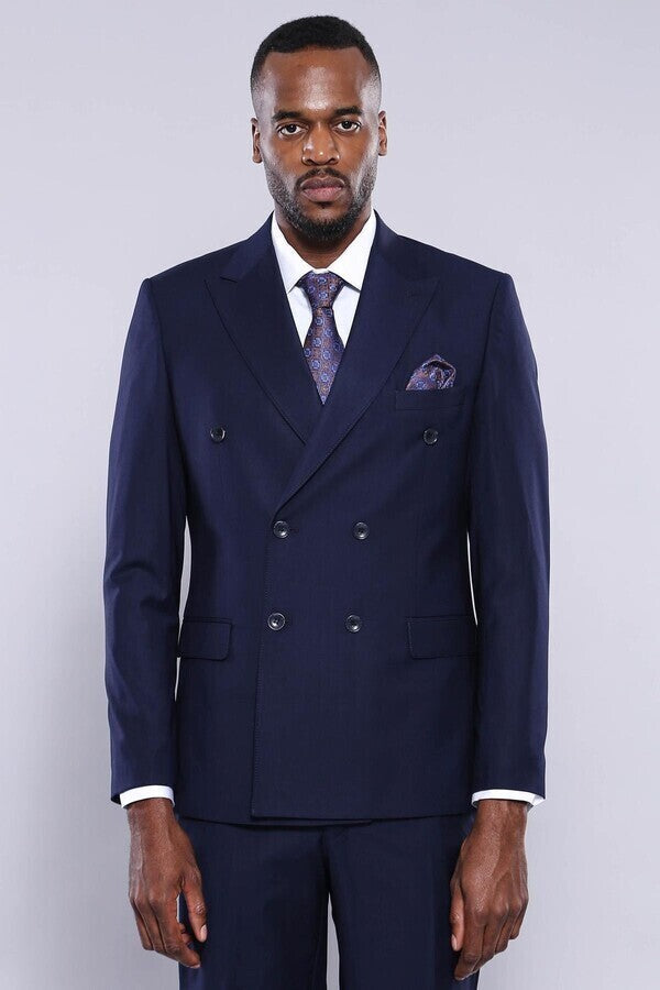 WSS Double Breasted Slim Fit Navy Blue Men Suit  - Salford