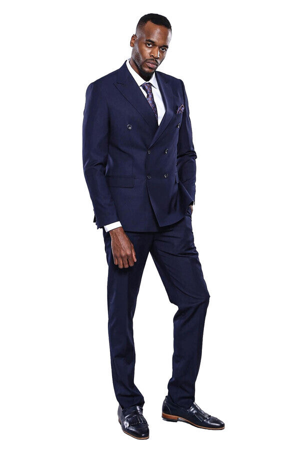 WSS Double Breasted Slim Fit Navy Blue Men Suit  - Salford