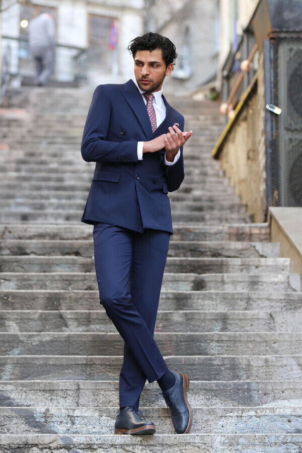 WSS Double Breasted Slim Fit Navy Blue Men Suit  - Salford