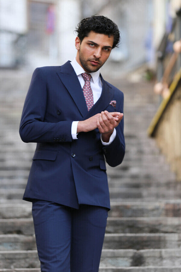 WSS Double Breasted Slim Fit Navy Blue Men Suit  - Salford