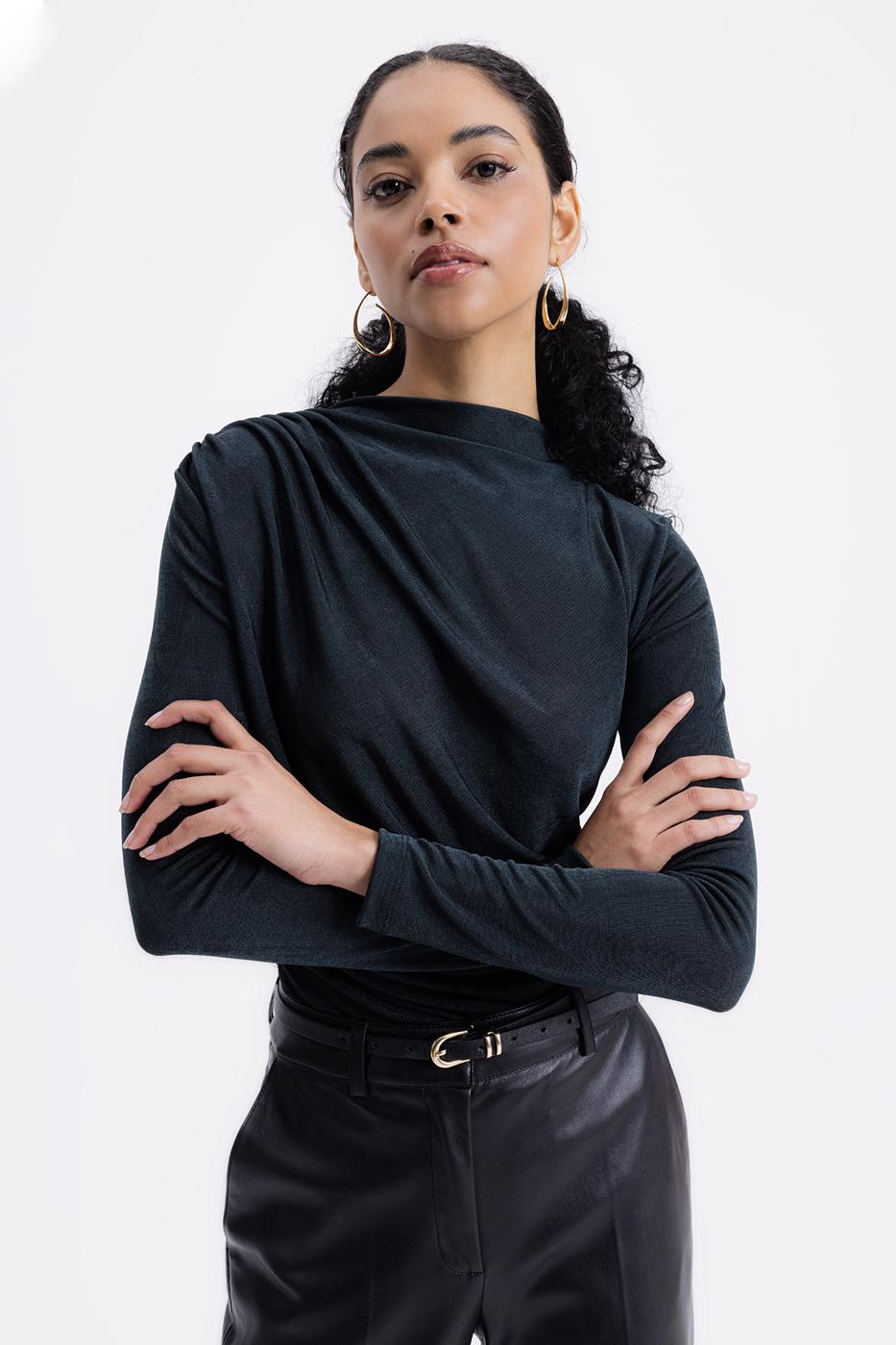 BSL Women Draped Boat Neck Blouse - Forest