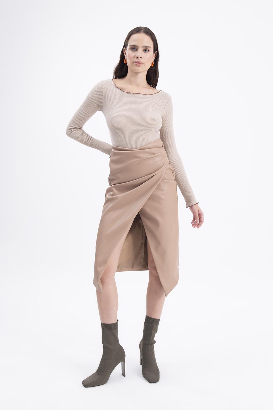 BSL Women Drapped faux leather midi skirt - Greenburgh