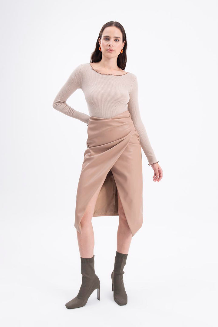 BSL Women Drapped faux leather midi skirt - Greenburgh